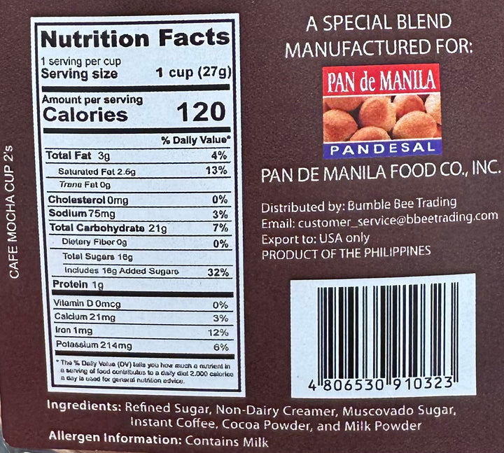 Pan de Manila - Cafe Mocha 3 in 1 Spanish-Style Chocolate Flavored Coffee 27 G X 2 Pack
